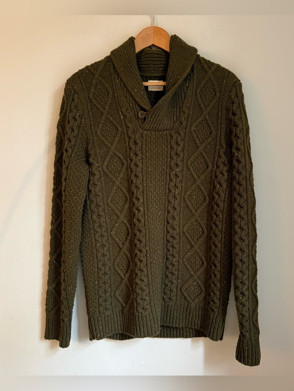 Levi’s 80% Wool Size M Cable Knit Shawl Collar Sweater Olive Green
